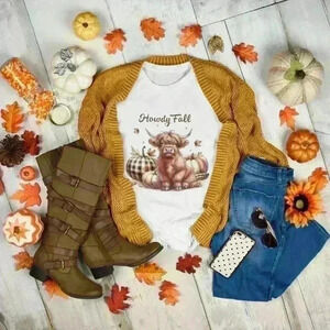 Nataly thyme howdy fall highland cow tee shirt